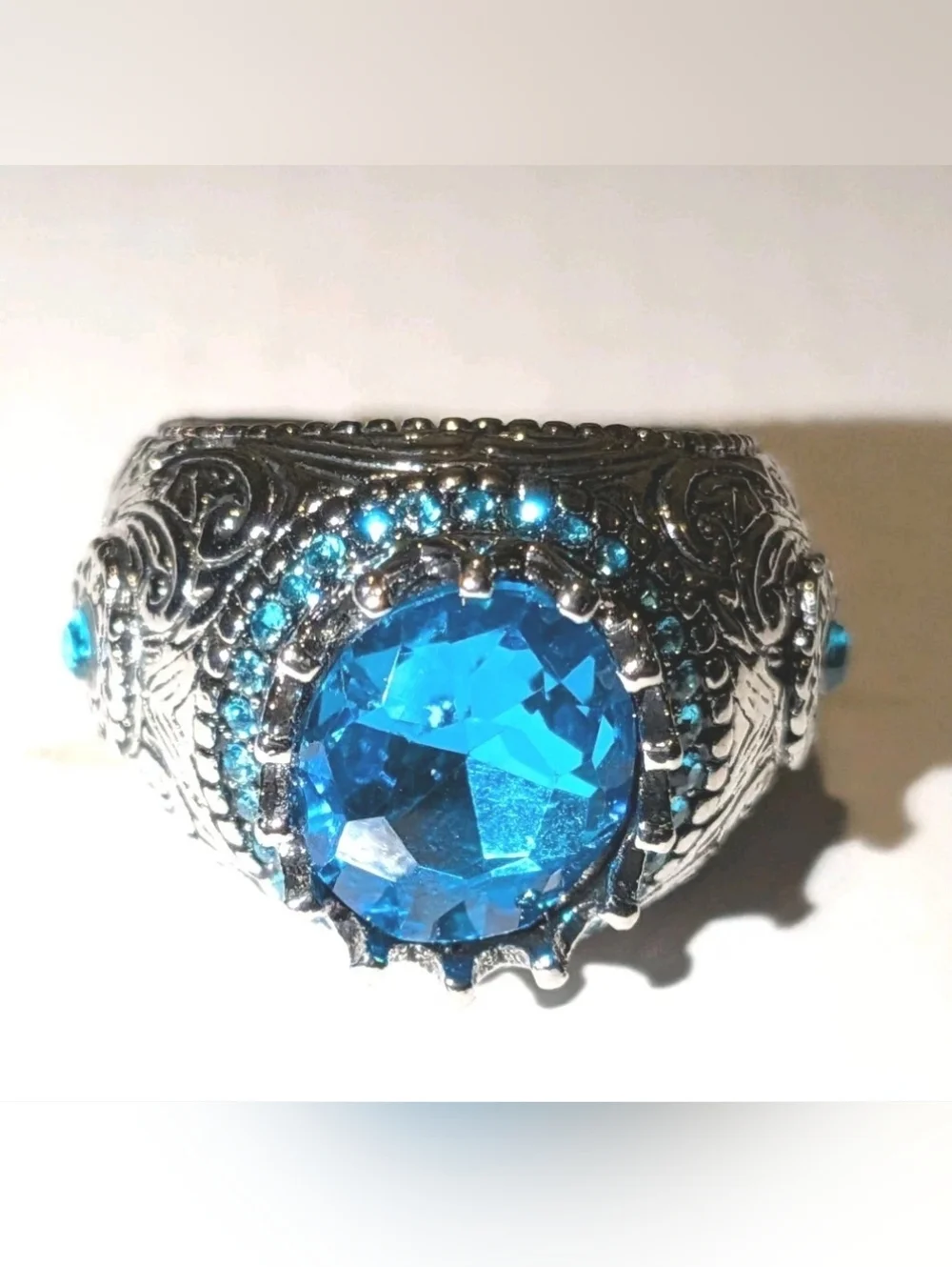 Men's Turkish Vintage Style Ring Silver Plated 5 Ct Lab-Created Sapphire Sz 10